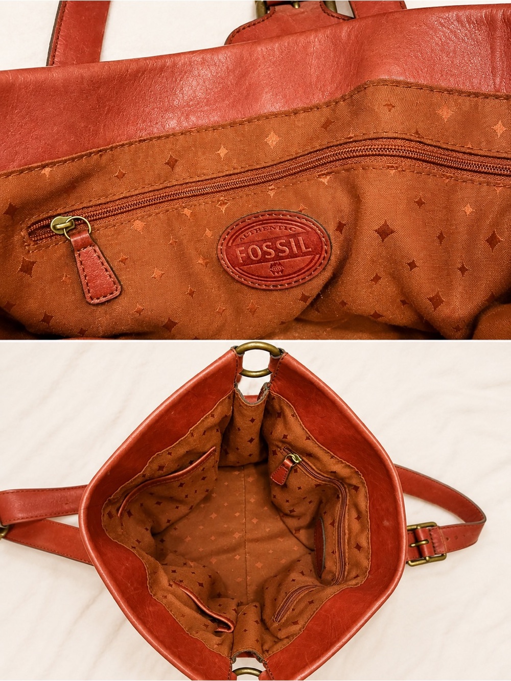 Fossil Classic Red Leather Tote Shoulder Bag with Brass Key Charm - Picture 3 of 5